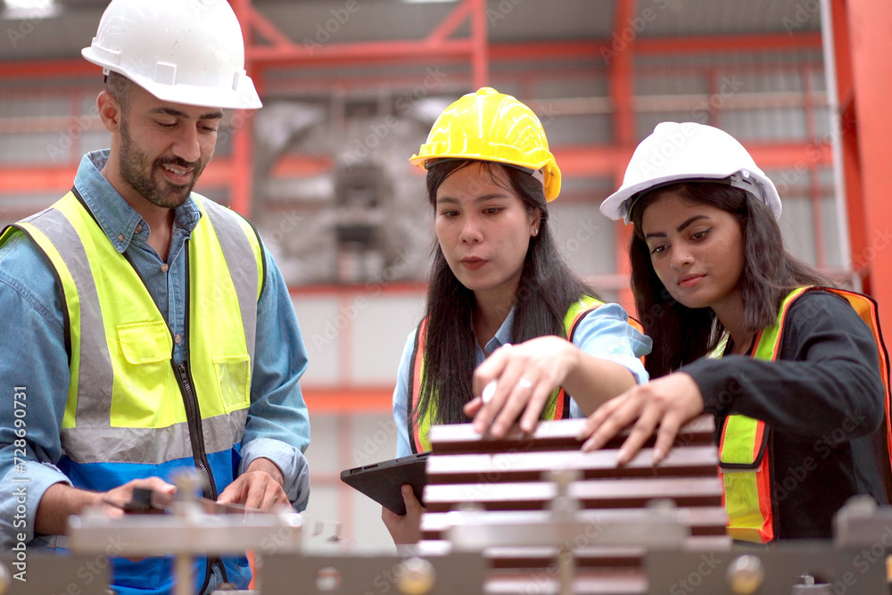 Team of mechanical engineer inspecting machines and robotic system in manufacturing factory. Team of mechanical engineer inspecting machines and robotic system in manufacturing factory.
