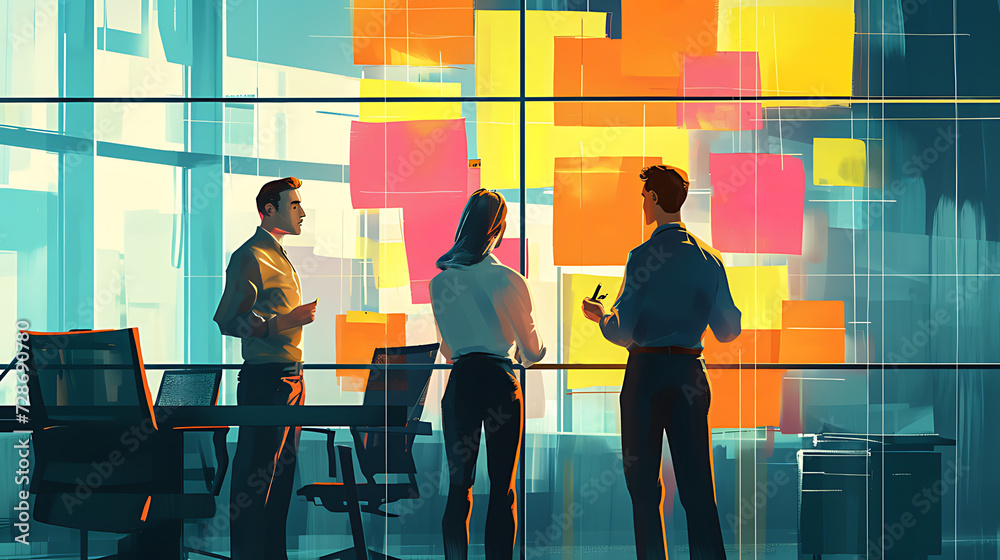 Strategic business planning team brainstorming with colorful sticky notes on a glass wall