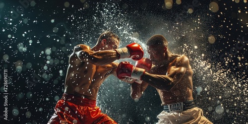 Boxing concept with boxer in action pose wearing gloves and ready to fight