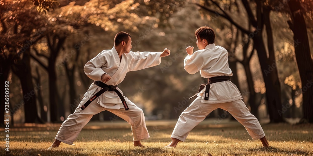 Karate concept with black belt fighter wearing gi in fighting positioon - obrazy, fototapety, plakaty 