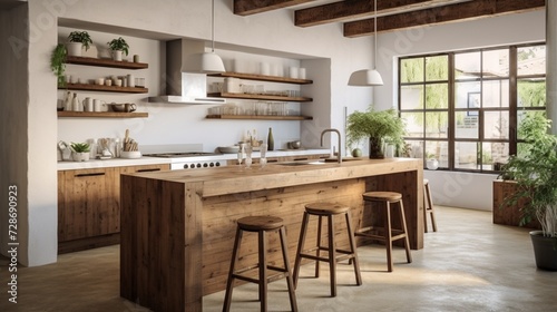 Rustic Modernity: Interior Design of Kitchen with Solid Wood Island and Rustic Stools � Blending Elegance with Natural Charm