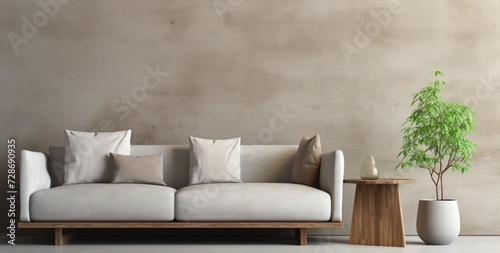 Contemporary Comfort: Modern Living Room Design with Beige Sofa and Wooden Coffee Table Against a Concrete Wall � Home Interior Background with Ample Copy Space © ASAD