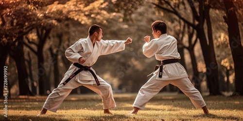 Karate concept with black belt fighter wearing gi in fighting positioon photo
