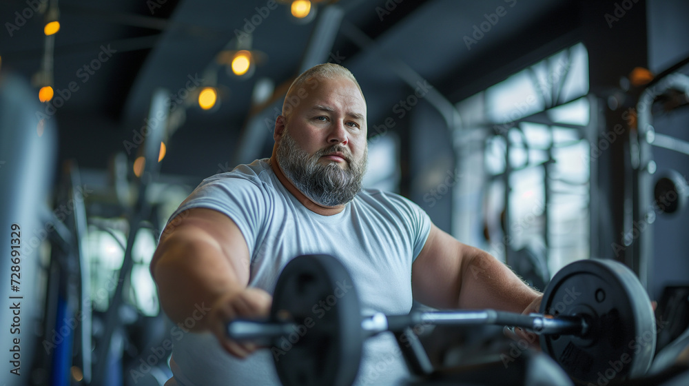 Muscular fat man in the gym lifting weights, showcasing strength and dedication to fitness and exercise Muscular fat man in the gym lifting weights, showcasing strength and dedication to fitness and exercise