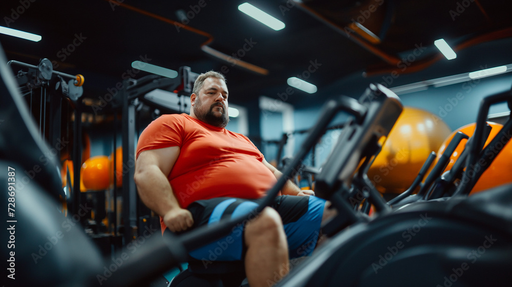 A fat man hard exercising with weights in a gym, fitness for good healt, surrounded by people and fitness equipment