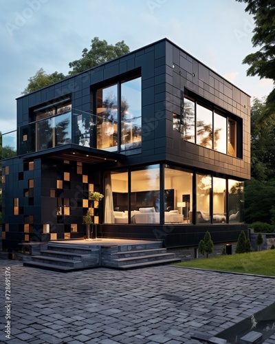 Modern minimalist private black house decorated with stone tiles mosaic cladding. Villa with big floor to ceiling panoramic windows. Residential architecture exterior