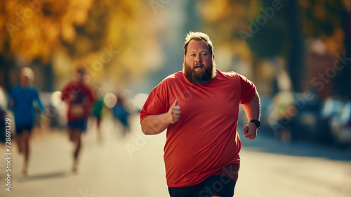 A fat man is jogging outdoors in Marathon, running through the Marathon park, streets, and city