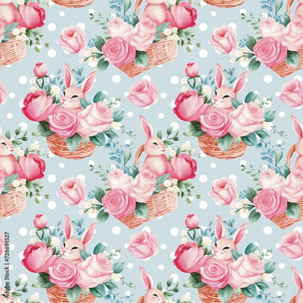 seamless pattern with roses Little bunny in a basket of pink flowers, polka dot background, flowers, watercolor leaves, seamless fabric, arts and culture, handicrafts, gift wrapping paper, wallpaper. 