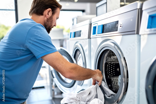 Adult male in a blue shirt loading clothes into a high-efficiency washing machine at a bright laundromat. Cleaning, washing and energy saving at home concept photo