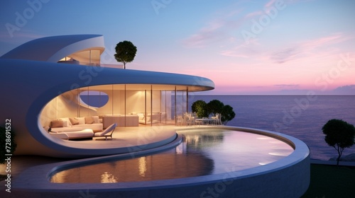 Modern minimalist round and curved shaped luxury house. Villa with terrace on sea shore at sunset photo