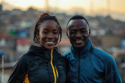 Happy Athletic Couple Posing at Sunset. Smiling athletic couple in sportswear posing together with a blurred urban background during sunset. 