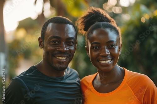 Happy Athletic Couple Posing at Sunset. Smiling athletic couple in sportswear posing together with a blurred urban background during sunset. 