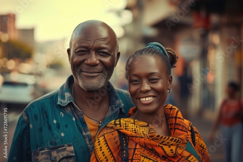 Senior Man and Young Woman Smiling Together. Elderly man and young woman in vibrant traditional attire sharing a joyful moment on a city street.