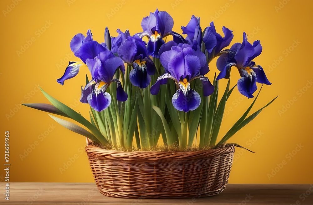 iris flowers with purple petals and green stems standing in wicker basket on wooden table on yellow background, greeting card