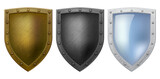 PNG shield icon set. Bronze, iron, glass. Protect logo collection. Scratched metal with rivets