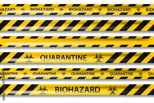 PNG biohazard danger yellow black seamless tape set isolated on transparent background. Safety fencing ribbon. Quarantine flu. Warning danger influenza hazard. Global pandemic coronavirus photo
