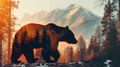 Giant brown bear in the form of a nature spirit on the background of forest and mountains. Double exposure