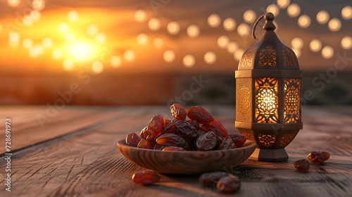 Burning lantern with dried dates on a wooden table, isolated on textured background. Muslim feast of the holy month of Ramadan Kareem.