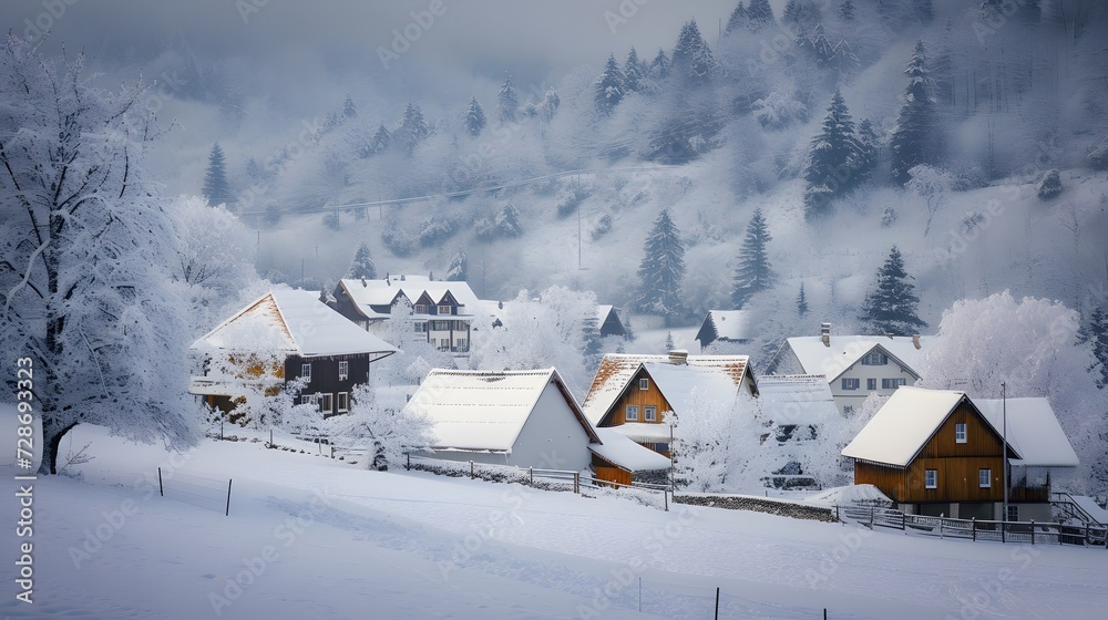 Winter Snow Urban Countryside City Village, Wintertime landscape background. copy space. 