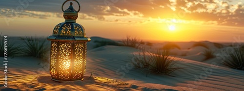 Islamic Muslim holiday background with golden lantern in the desert. Eid mubarak, Ramadan, Hijrah, 