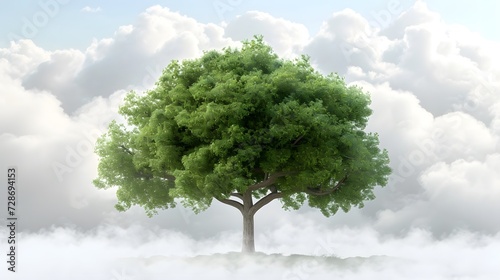 Single big green leafy tree background cloudy  nature environment concept. illustration  fantasy. copy space. mockup.