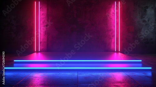 Glowing neon lights Product Display Stand podium with line gradient neon ring on background. copy space. mockup. photo
