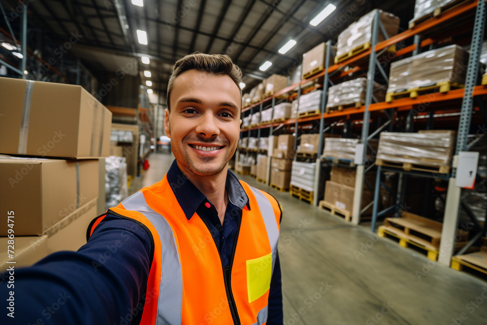 Created with generative ai image of professional worker in warehouse among paper boxes parcels Created with generative ai image of professional worker in warehouse among paper boxes parcels
