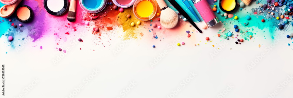 makeup cosmetics, brushes and other essentials on background top view. beauty flat lay concept , Generative AI - obrazy, fototapety, plakaty 