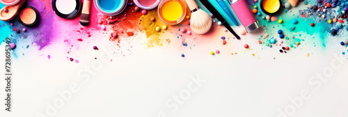 makeup cosmetics, brushes and other essentials on background top view. beauty flat lay concept , Generative AI photo