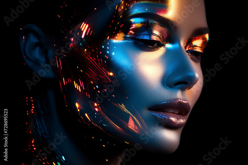 AI generated picture of beautiful female face with a bright neon colors filter isolated in dark background