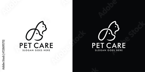 Creative Pet Care Logo. Dog Cat with Linear Outline Icon Symbol Vector Design Template.	