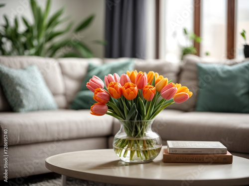 Fresh Tulip Elegance: Vase on Coffee Table with Blurred Background

