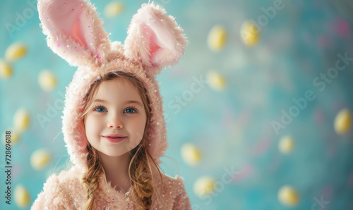 young girl in sparkly bunny ears with a festive easter backdrop with copy space for text 