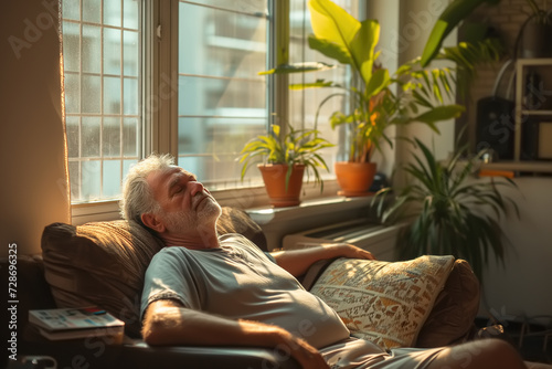 Tired sleepy senior man resting in living room, elderly Caucasian man sleeping in a chair © Sergio