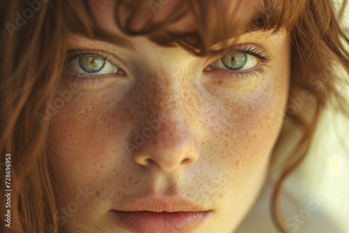 Freckles Woman portrait. Close-up.