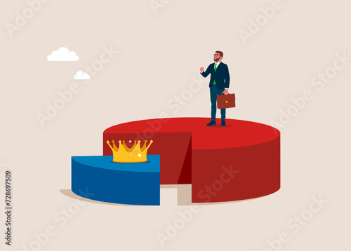 Pareto principle. Man no motivated for success. Working on 80 percent pie chart with crown on 20 part. Flat vector illustration.