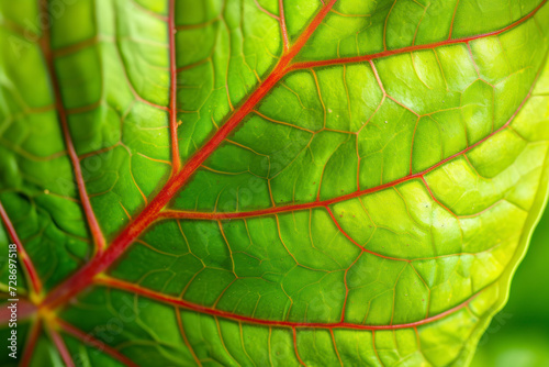 Green leaf with red veins texture, close up. Nature vegetation background with largeleaf or mountain-grape or Eve's umbrella plant.