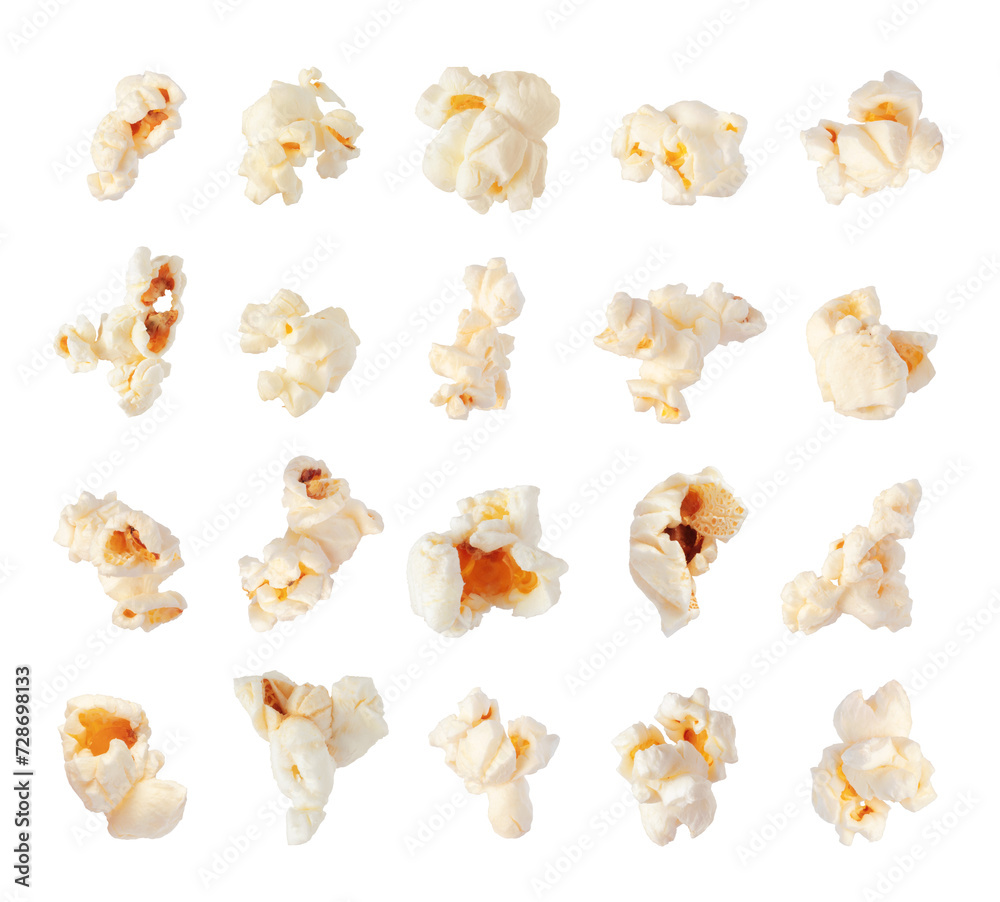 Fototapeta premium Set of popcorn isolated on a white background. Collections of delicious popcorn close up