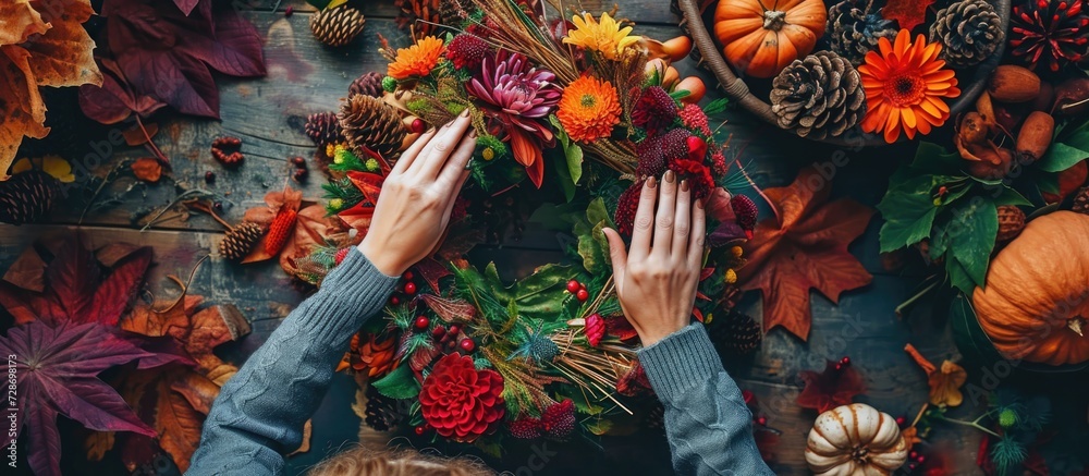 Naklejka premium Florist creating autumn wreath from above