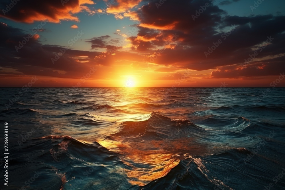 Ocean horizon bathed in sunset glow, waves reflecting golden light on the water