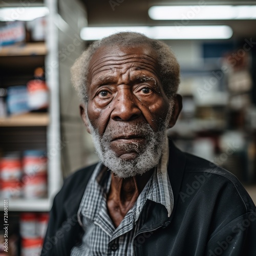 Portrait of an elderly man with a thoughtful expression in a store