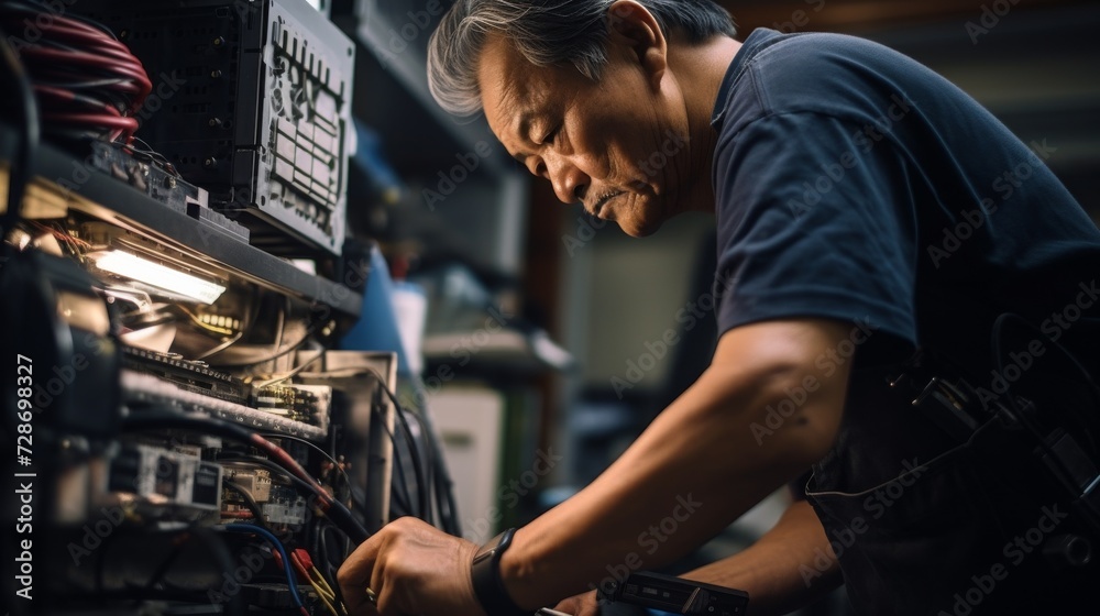 Senior Asian technician working on hardware in a server room indicating technology expertise