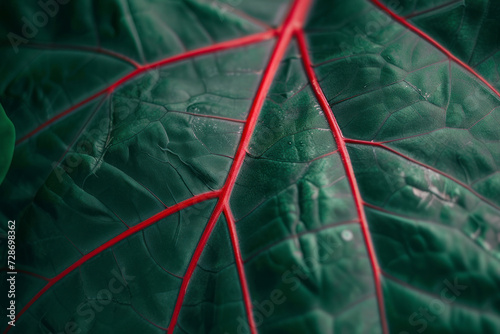 Green leaf with red veins texture, close up. Nature vegetation background with largeleaf or mountain-grape or Eve's umbrella plant.