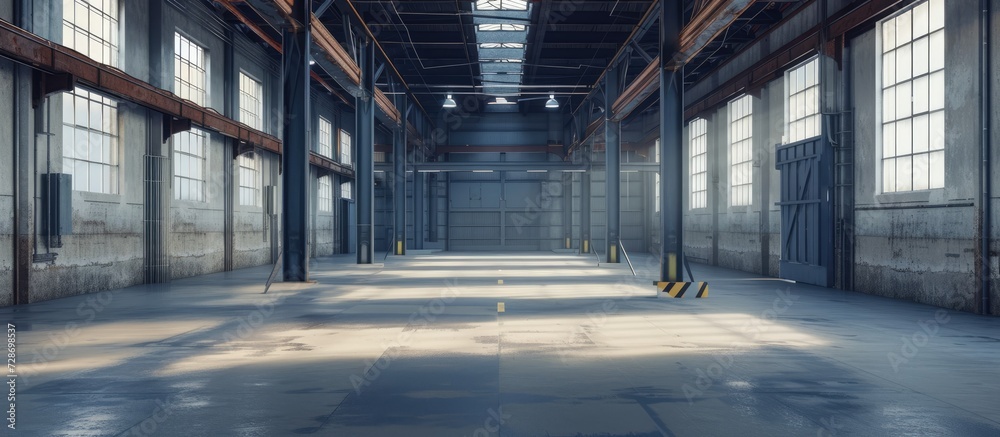 Detailed clean and empty industrial space with supporting poles.