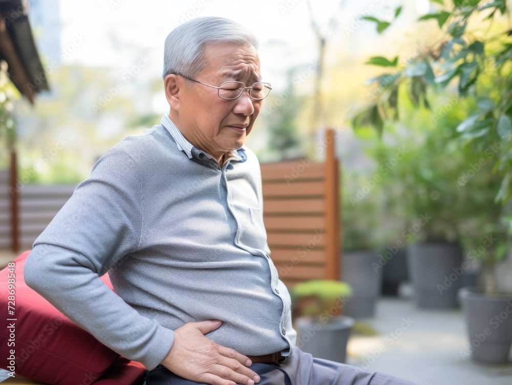 Elderly Asian man experiencing back pain suitable for healthcare industry Elderly Asian man experiencing back pain suitable for healthcare industry