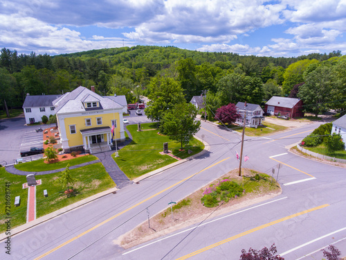 Brookline historic town center aerial view including town hall and Community Church on Main Street in town of Brookline, New Hampshire NH, USA.  © Wangkun Jia