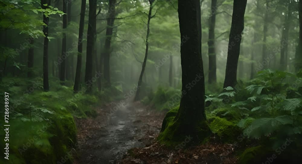 scorcio di foresta affascinante sotto la pioggia, natura mistica, leggera nebbia data dall'umidità scorcio di foresta affascinante sotto la pioggia, natura mistica, leggera nebbia data dall'umidità