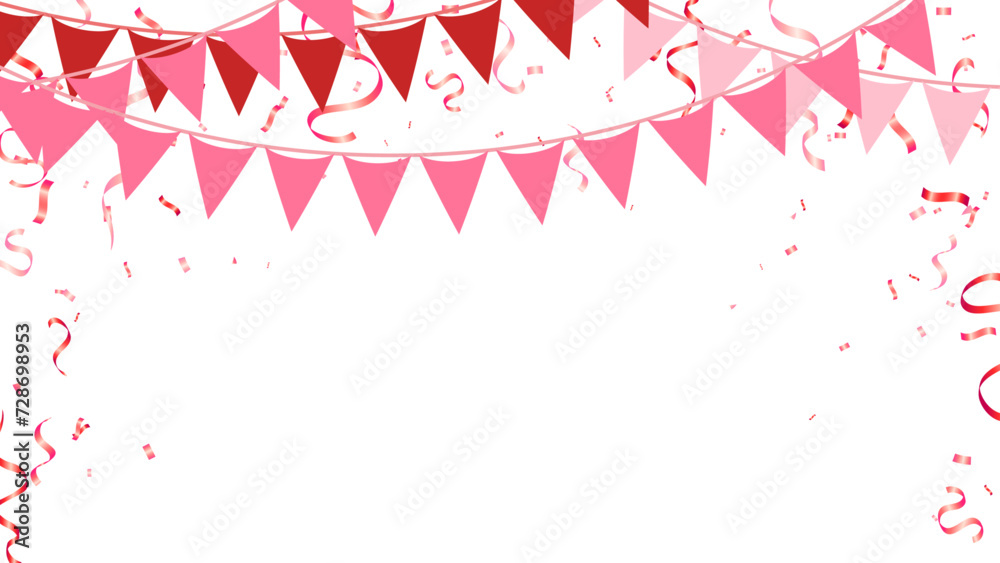 pink and red party flags with confetti falling on transparent background. celebration and birthday. vector illustration
