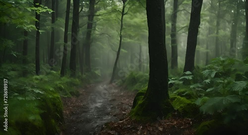 scorcio di foresta affascinante sotto la pioggia,  natura mistica, leggera nebbia data dall'umidità photo