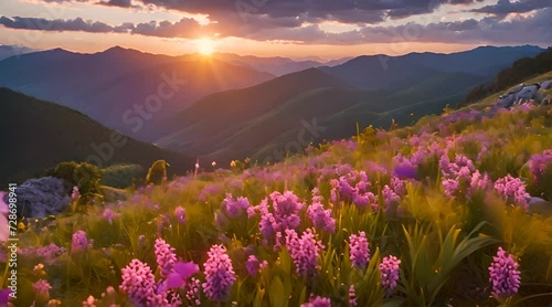 paesaggio primaverile di montagna con piccoli fiori viola al tramonto , tramonto del sole, emozioni alla vista della maestosità della natura, photo